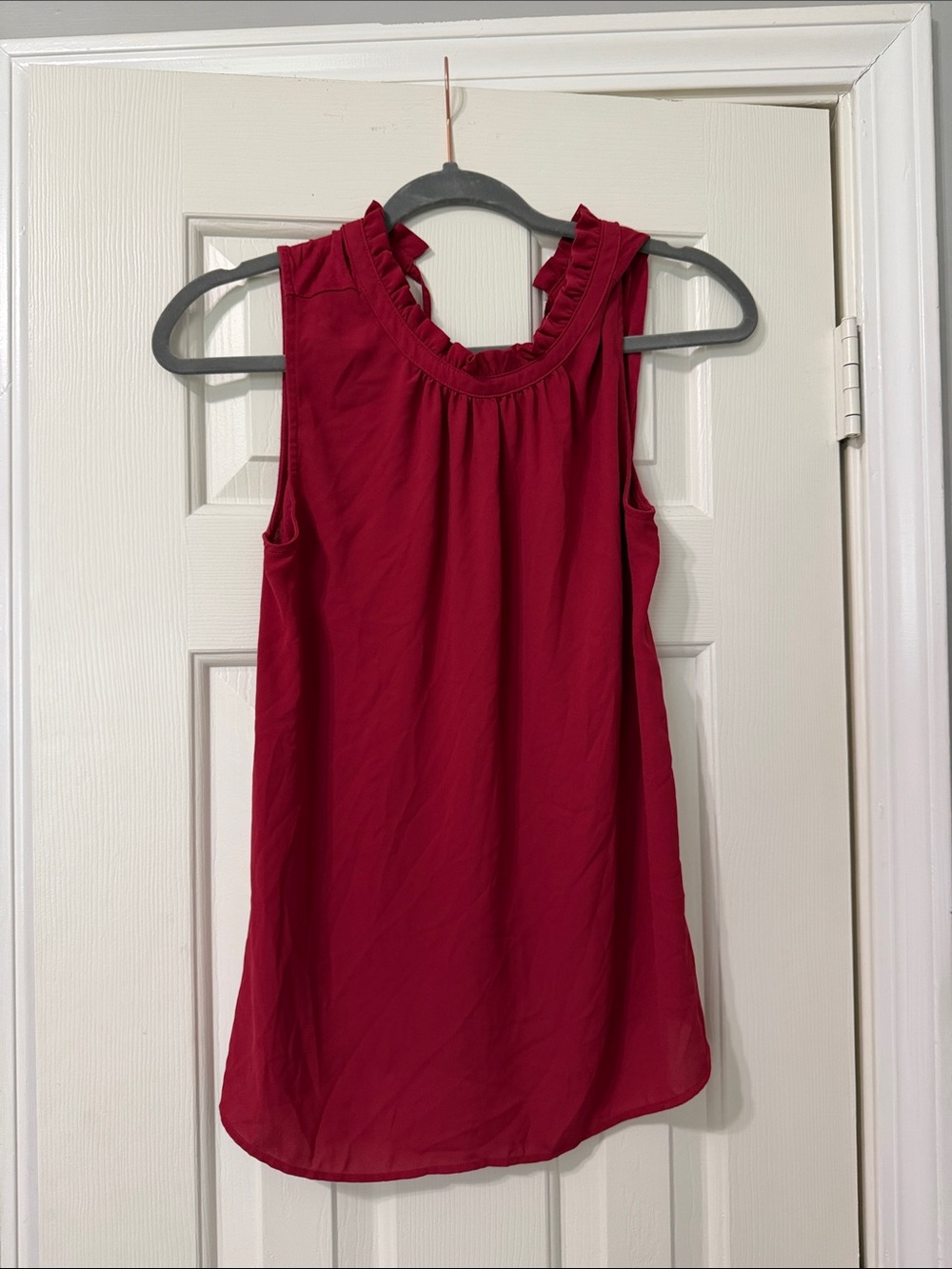 LOFT Sleeveless Ruffle-Neck Blouse in Deep Red